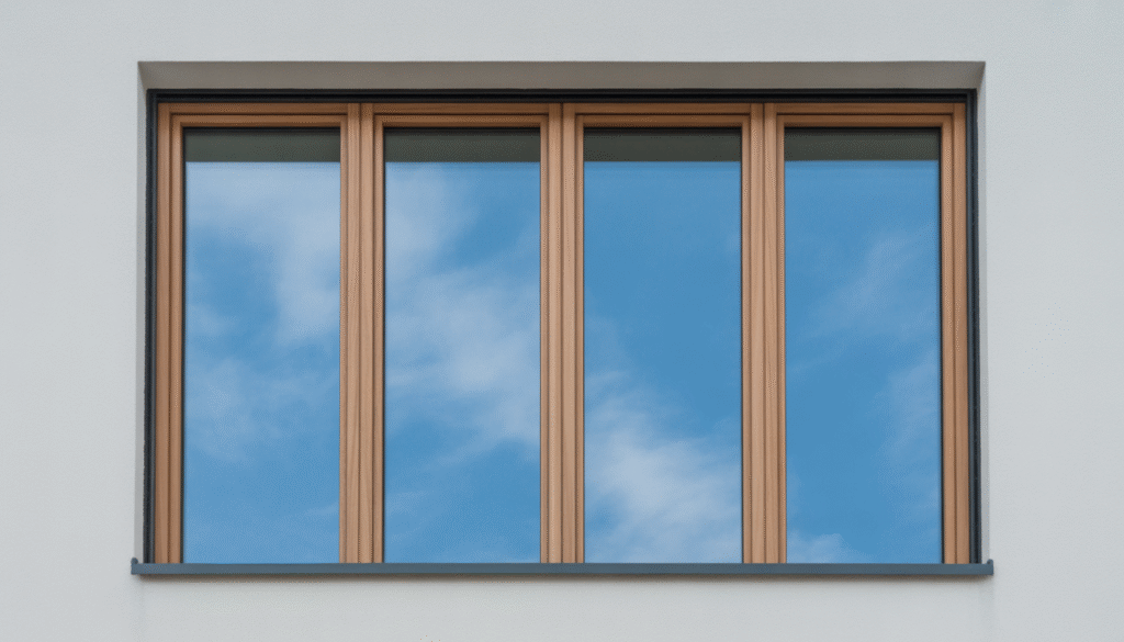 Architectural photo of a modern double-glazed window with clear glass and wooden or PVC frame