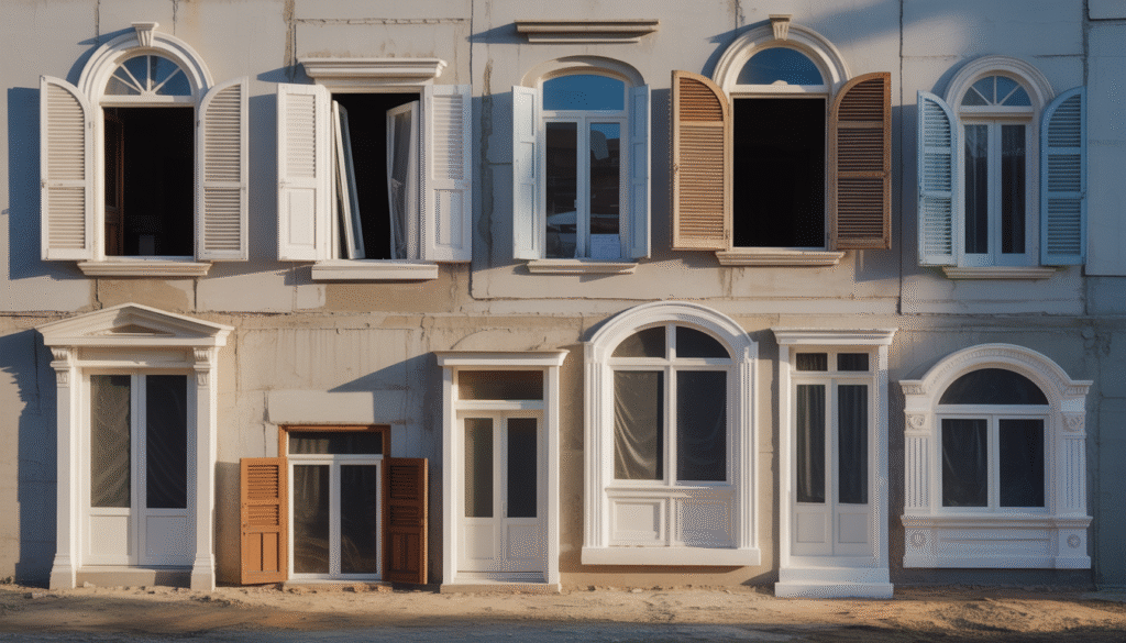 Fenêtres de tailles et formes variées posées au sol sur un chantier, volets ouverts et fermés en lumière naturelle