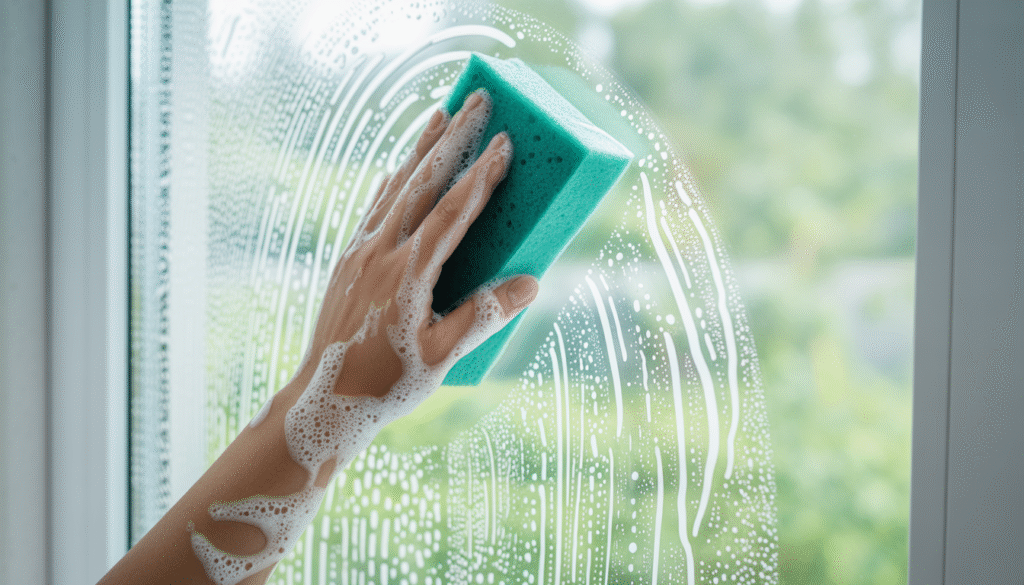 Personne nettoyant une fenêtre PVC blanche avec une éponge savonneuse, gestes délicats, éclairage naturel