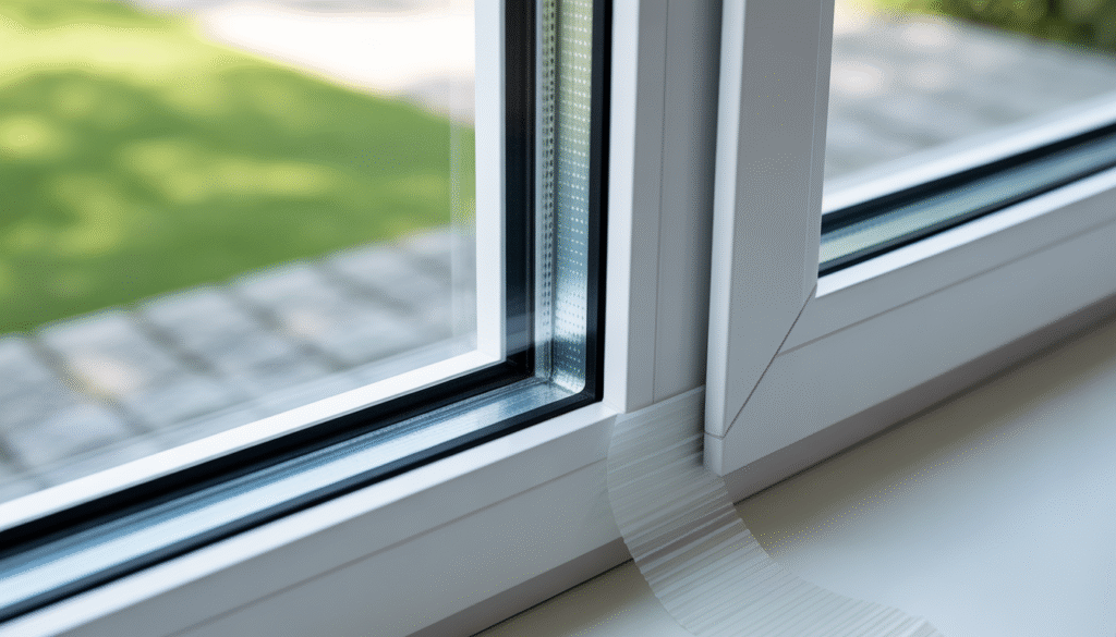 Close-up of soft flexible PVC window frame seal with peelable film