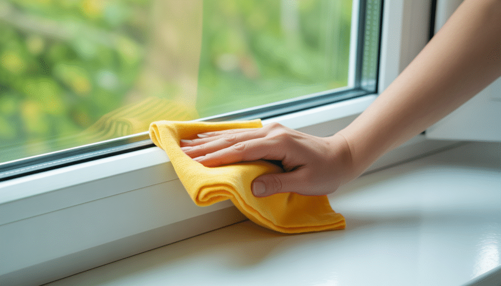 Close-up of a hand cleaning a white PVC window frame with a soft damp cloth in natural daylight