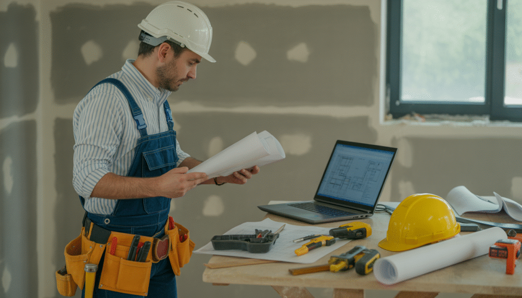 Entrepreneur professionnel sur chantier de rénovation avec outils écologiques, ordinateur portable montrant les plans, casque et équipements de sécurité