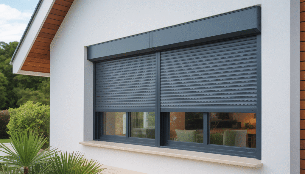Photorealistic view of a modern PVC window with built-in roller shutters on a contemporary house exterior