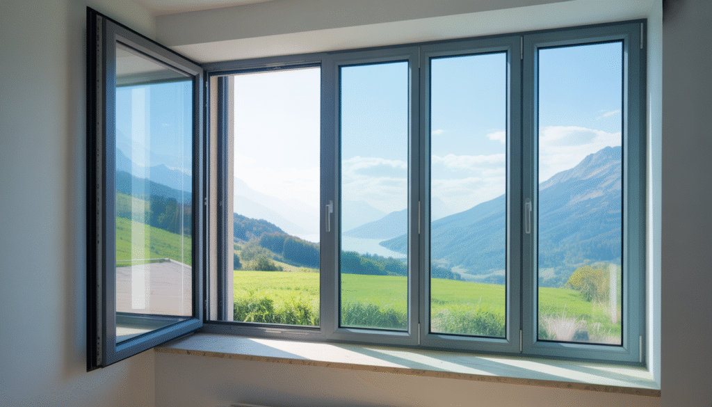 Fenêtre moderne en aluminium à triple vitrage ouverte vers l'intérieur dans un cadre architectural contemporain avec lumière naturelle
