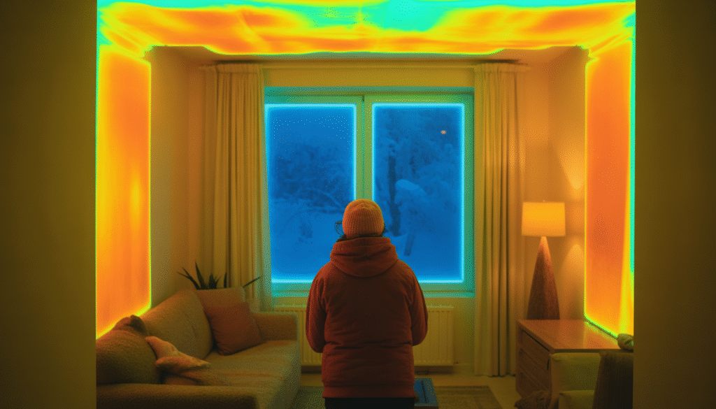 Person in winter room with thermal imaging overlay showing cold blue window and warm orange walls in infrared heat visualization