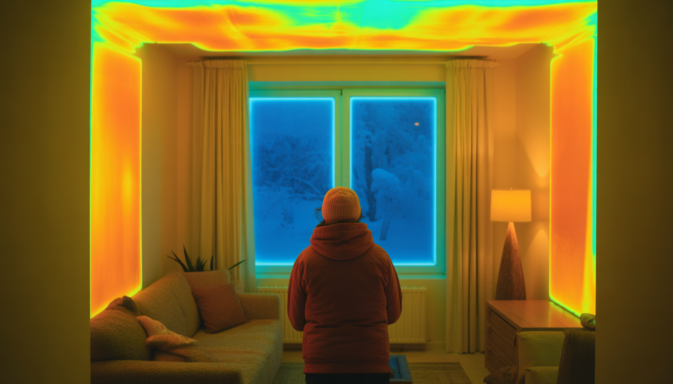 Person in winter room with thermal imaging overlay showing cold blue window and warm orange walls in infrared heat visualization