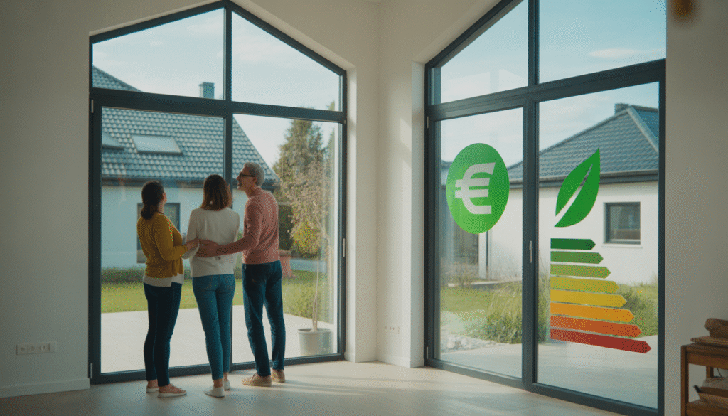 Couple rencontrant un professionnel de la rénovation dans une maison moderne avec grandes fenêtres double vitrage, étiquette énergétique et symboles écologiques visibles