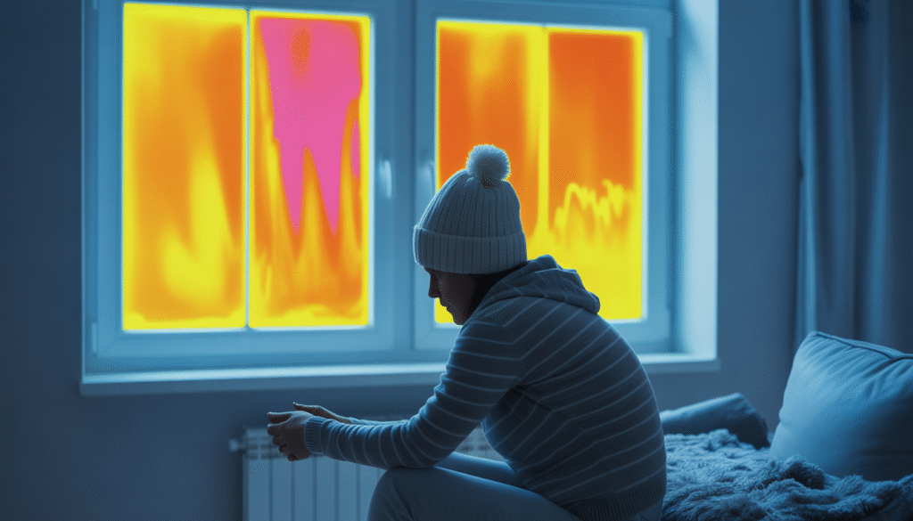 Person sitting in winter room with thermal imaging overlay showing temperature contrasts between warm walls and cold window