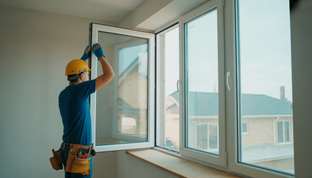 Professional craftsman installing a modern double-glazed window in a residential home with natural lighting
