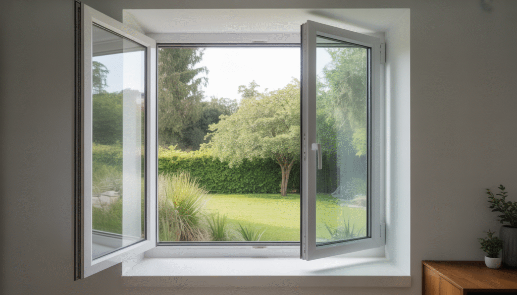 Open white-framed PVC window with double glazing overlooking garden