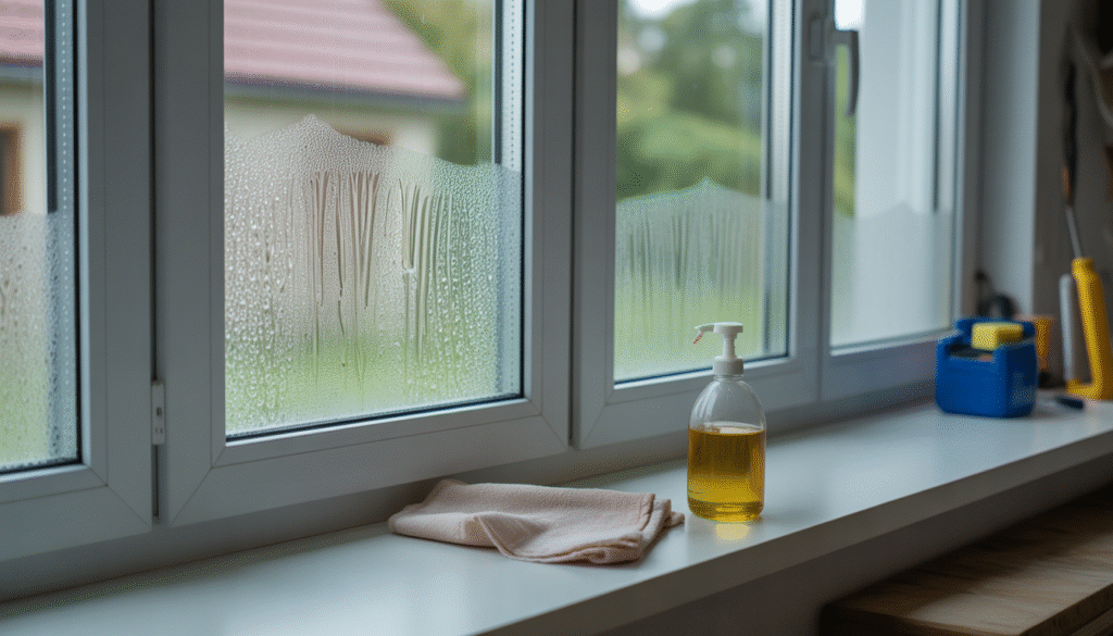 Fenêtre à double vitrage présentant de la condensation entre les vitres, avec chiffon sec et produits de nettoyage sur une table proche
