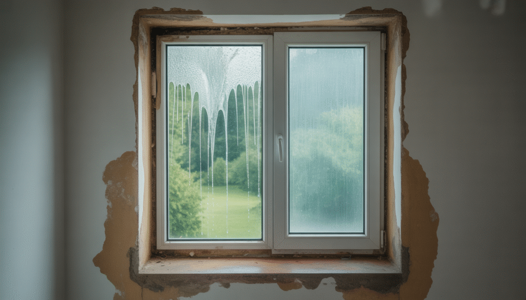 Fenêtre mal installée montrant des dégâts d'eau, taches d'humidité et moisissures sur le mur intérieur autour du cadre