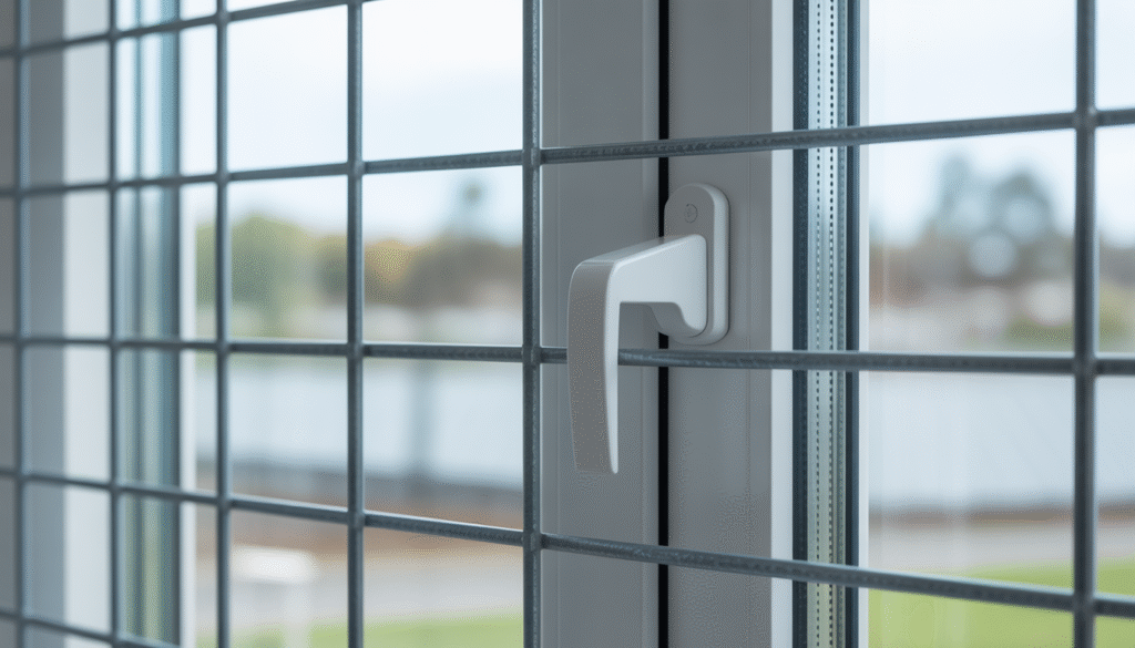 Fenêtre moderne équipée d'une serrure de sécurité et d'une grille de protection métallique