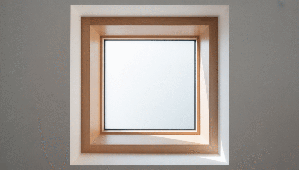 Fenêtre carrée aux lignes épurées avec cadre en bois naturel clair dans un intérieur moderne minimaliste