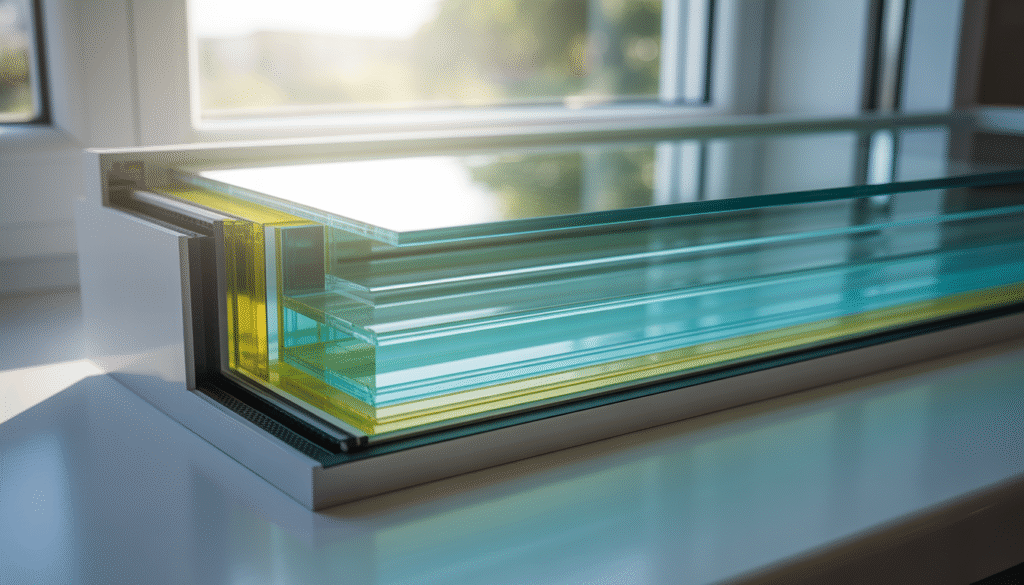 Cross-section of double-glazed window with argon layer lit by sunlight