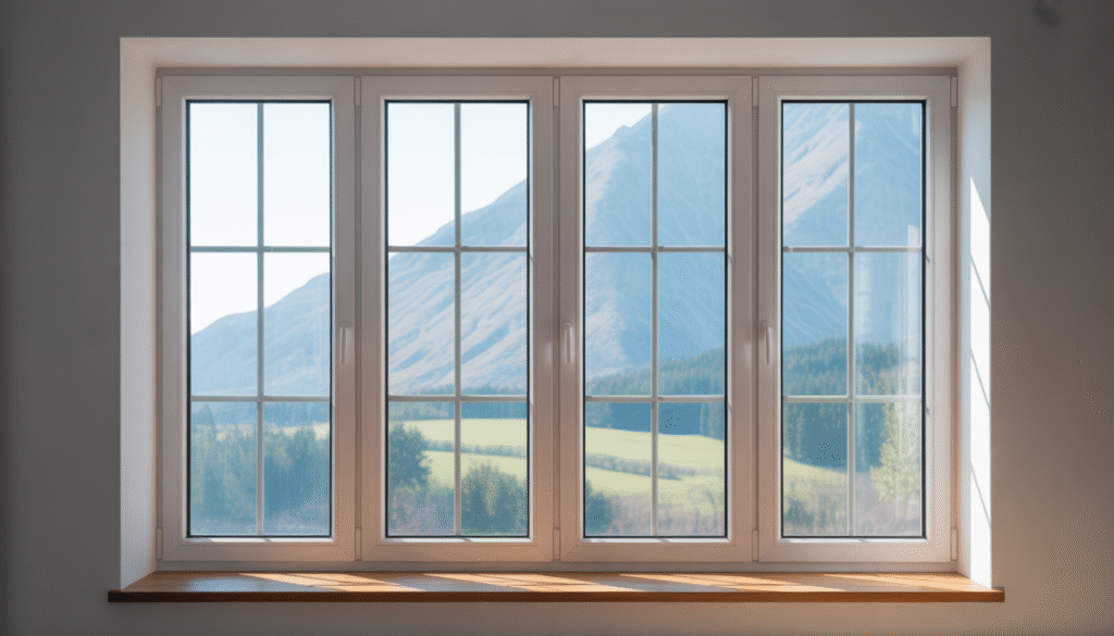 Sleek modern PVC window frame in interior setting with natural and metallic tones