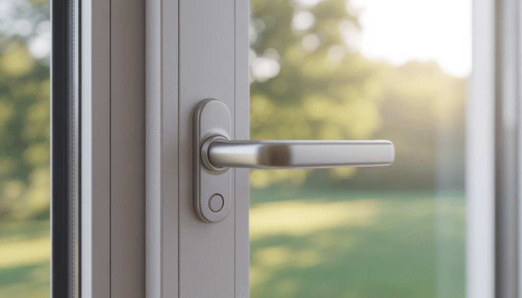 Tilted stainless steel handle on a modern PVC window with sunlit view