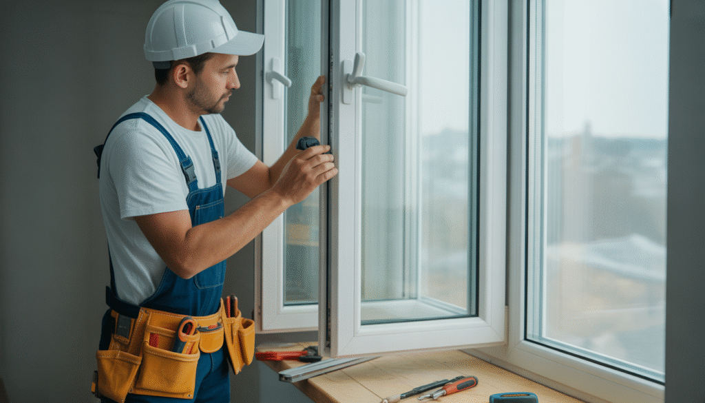Professional carpenter installing a modern white PVC window frame with tools visible in natural lighting