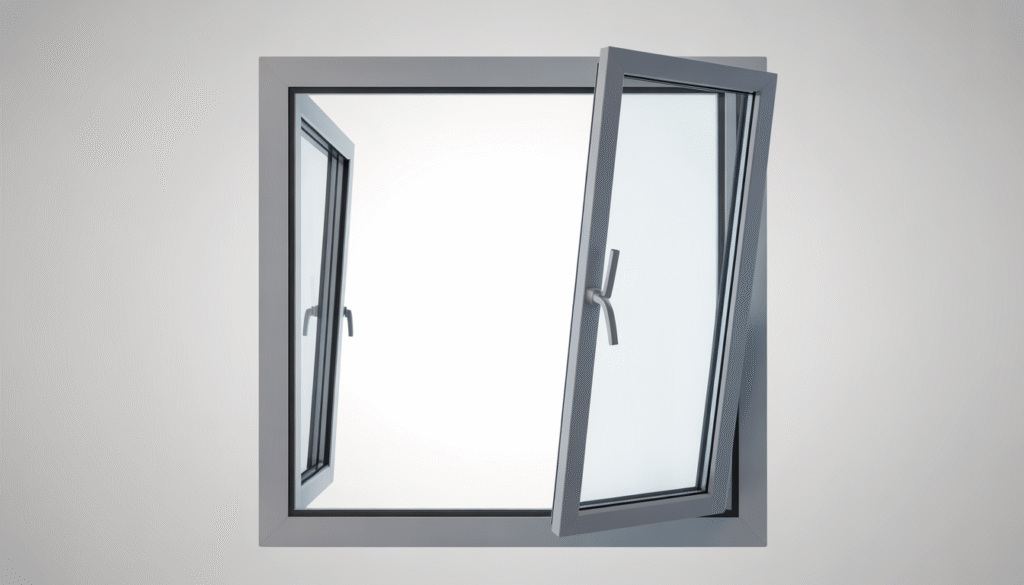 Photorealistic modern casement window open at 90 degrees with hybrid PVC and aluminum frame