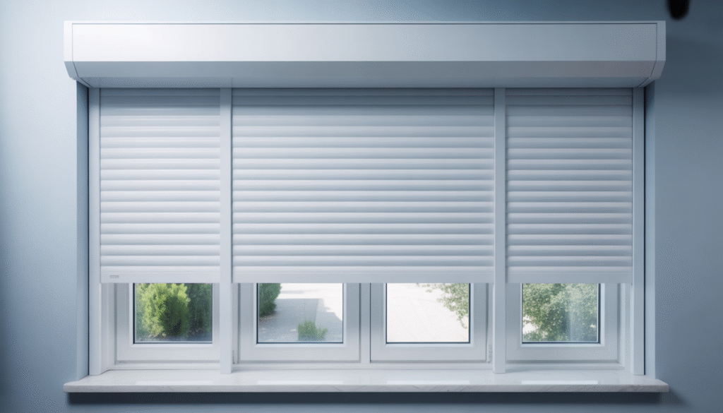 Modern window with white PVC roller shutter and discreet aluminum box