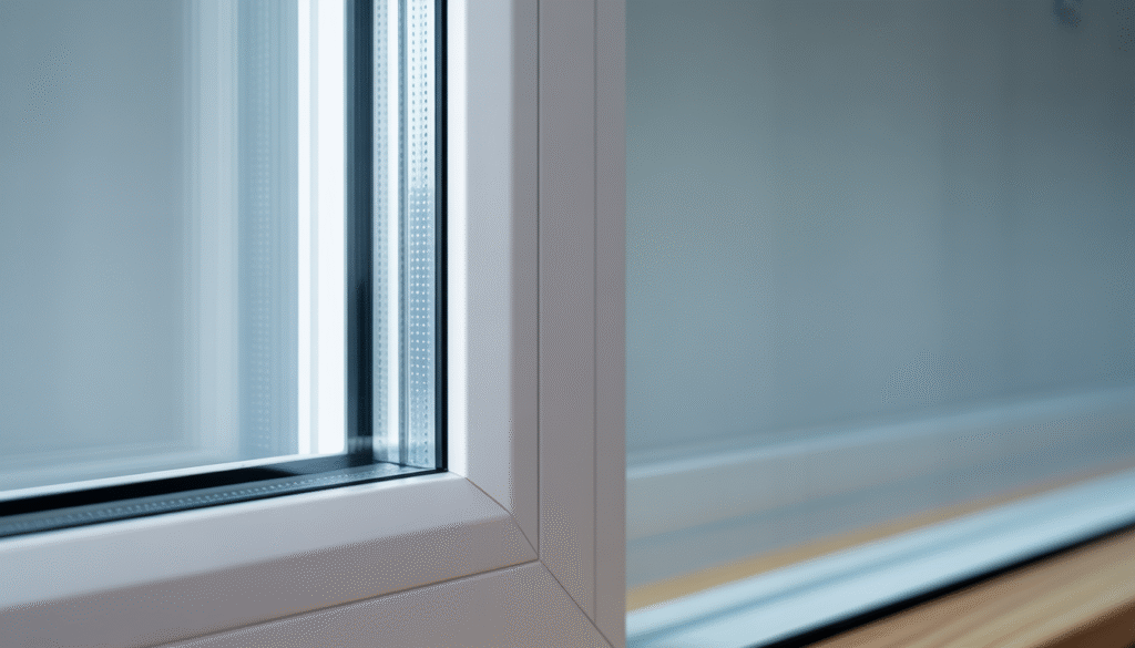 Close-up of white insulated PVC window frame with multi-chamber structure