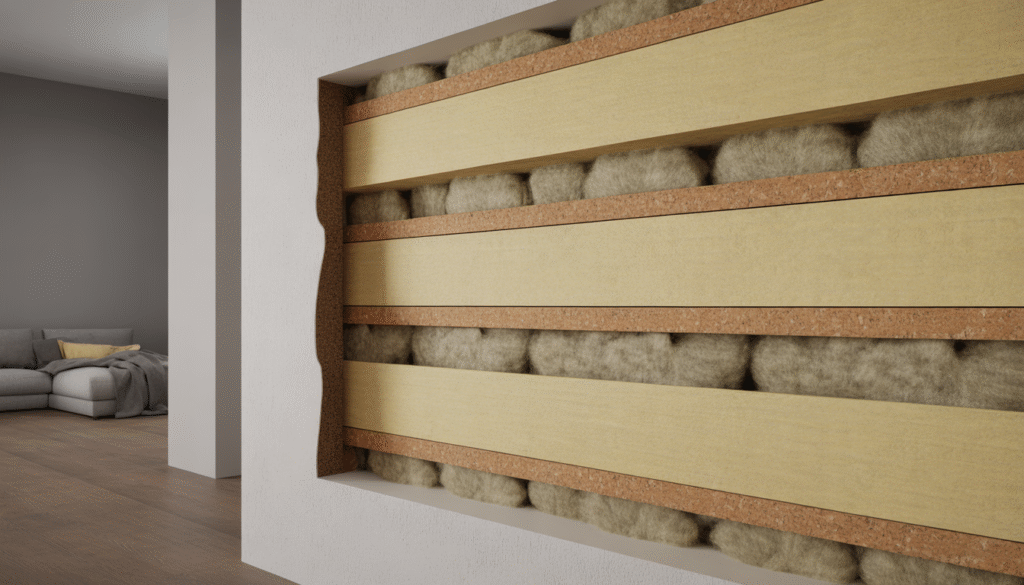 Illustration réaliste d'un mur intérieur en coupe avec matériaux isolants acoustiques