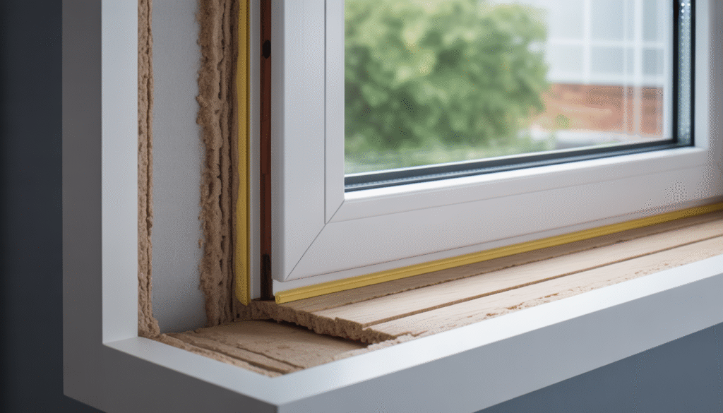 Photorealistic cross-section of window with insulation and rubber seals