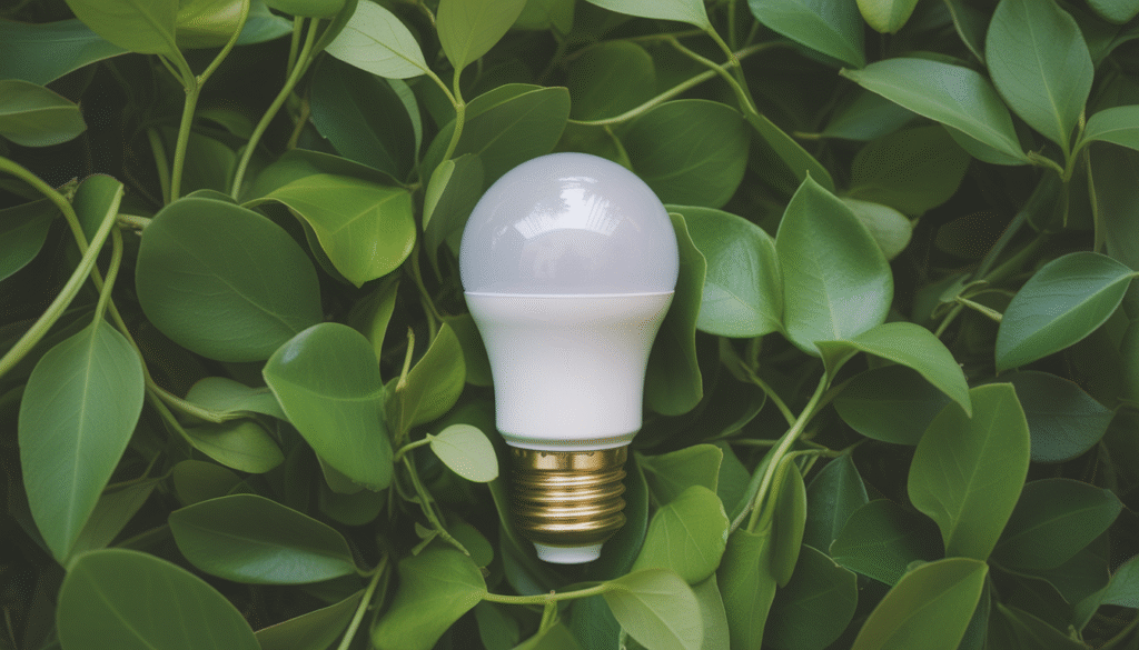 Ampoule LED économe en énergie entourée de feuilles vertes fraîches sur fond naturel avec éclairage doux