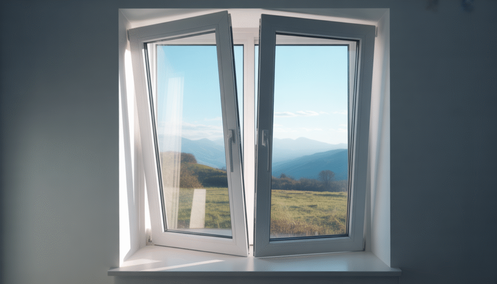 Partially opened tilt-and-turn window in bright modern room