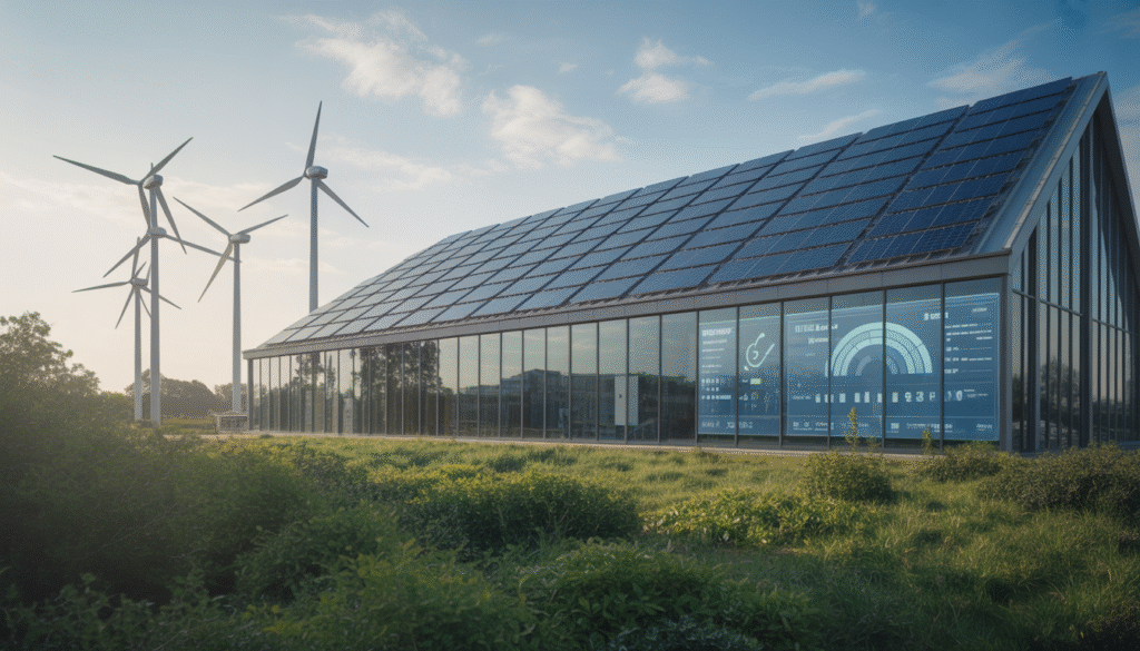 Bâtiment écologique moderne équipé de panneaux solaires et d'éoliennes, entouré de végétation verte avec écran de monitoring énergétique visible