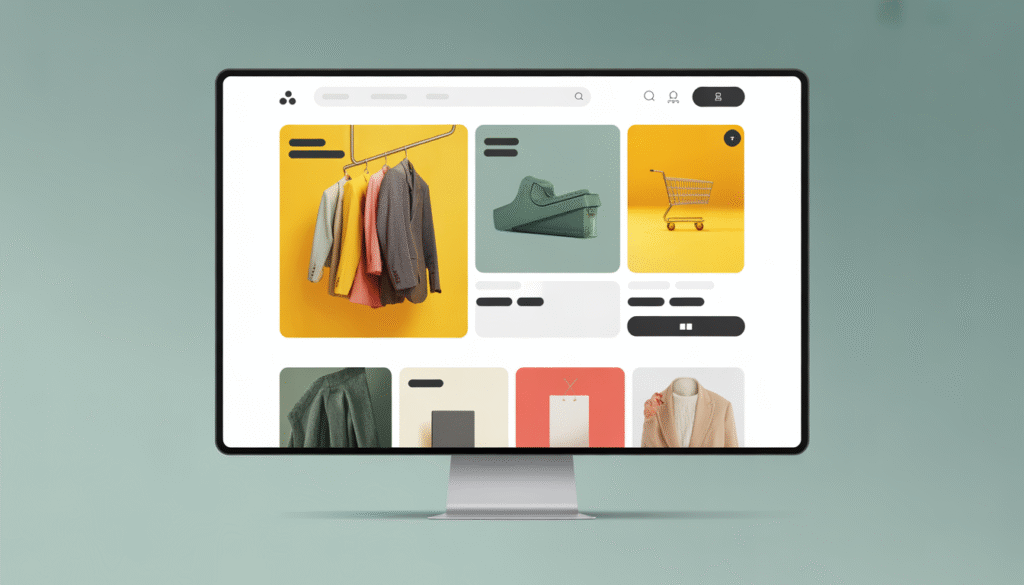 Interface de boutique en ligne épurée sur écran desktop