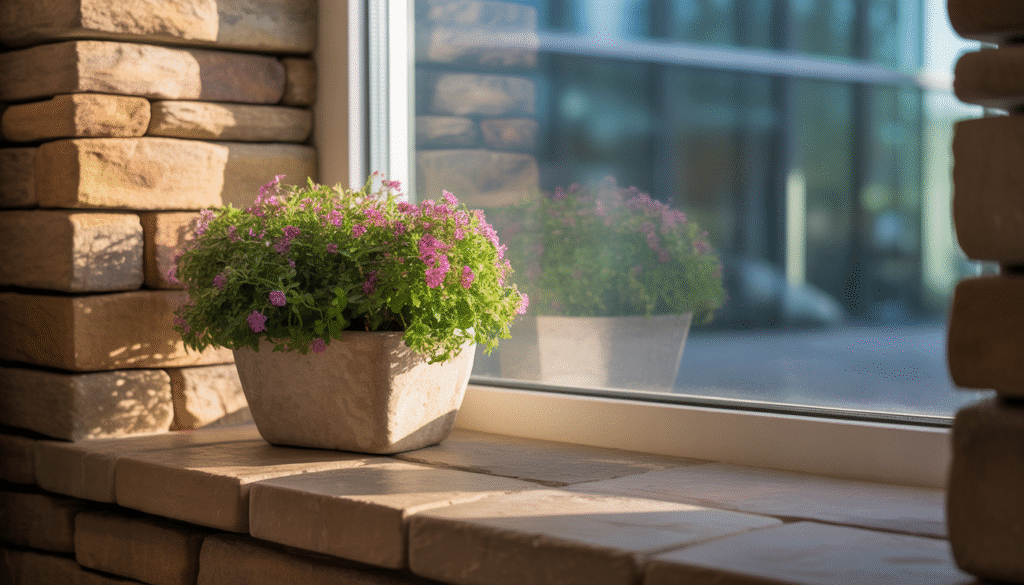 Photorealistic stone window sill with colorful flower pot and morning dew