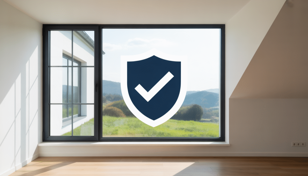 Fenêtre moderne installée dans un intérieur de maison lumineux avec symbole de garantie en superposition