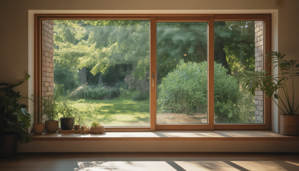 Grande fenêtre moderne avec cadre en bois, lumière naturelle traversant, vue sur jardin verdoyant, plantes d'intérieur sur rebord