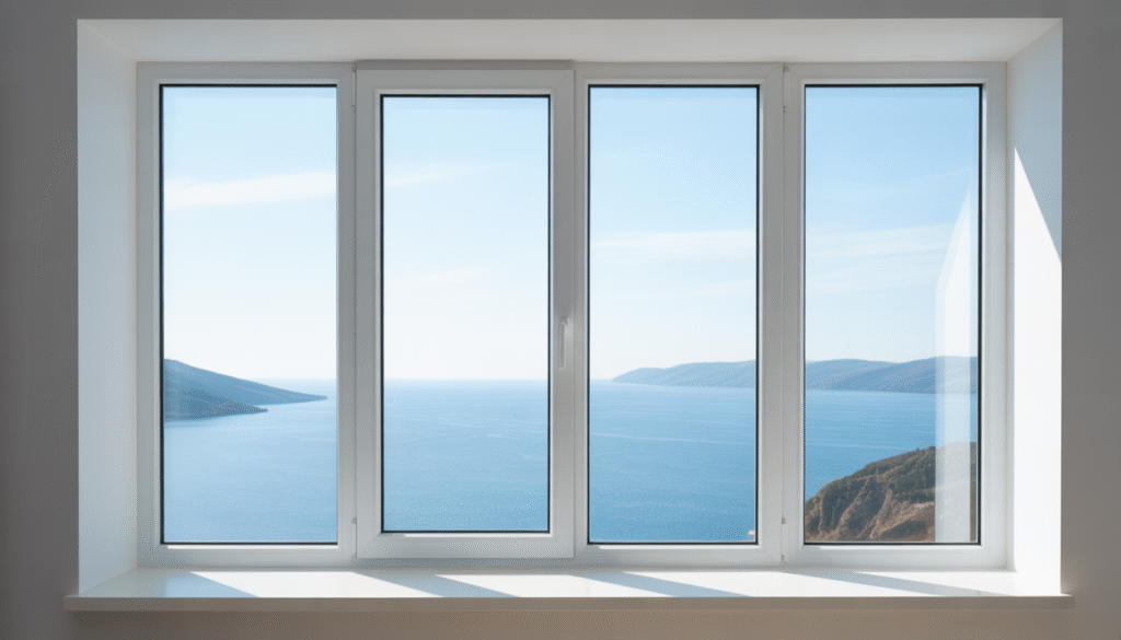 Fenêtre PVC fixe moderne avec cadre blanc et grande surface vitrée en double vitrage