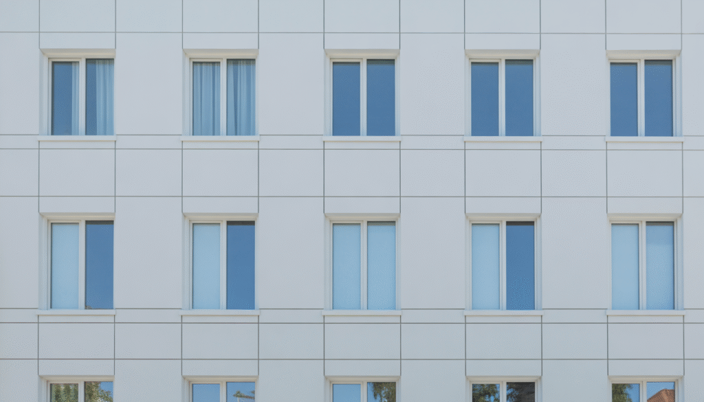 Modern building facade featuring white PVC windows and doors with clean architectural lines
