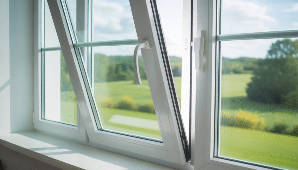 Slightly open white PVC double-glazed window in modern interior with outdoor greenery