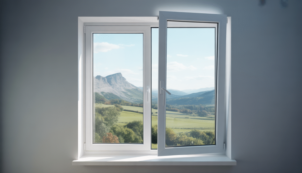 Photorealistic PVC casement window with white frame and open sash