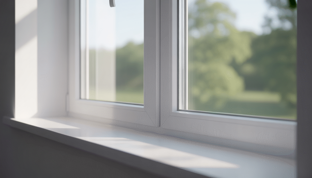 Intérieur d'une pièce contemporaine avec fenêtre PVC blanche