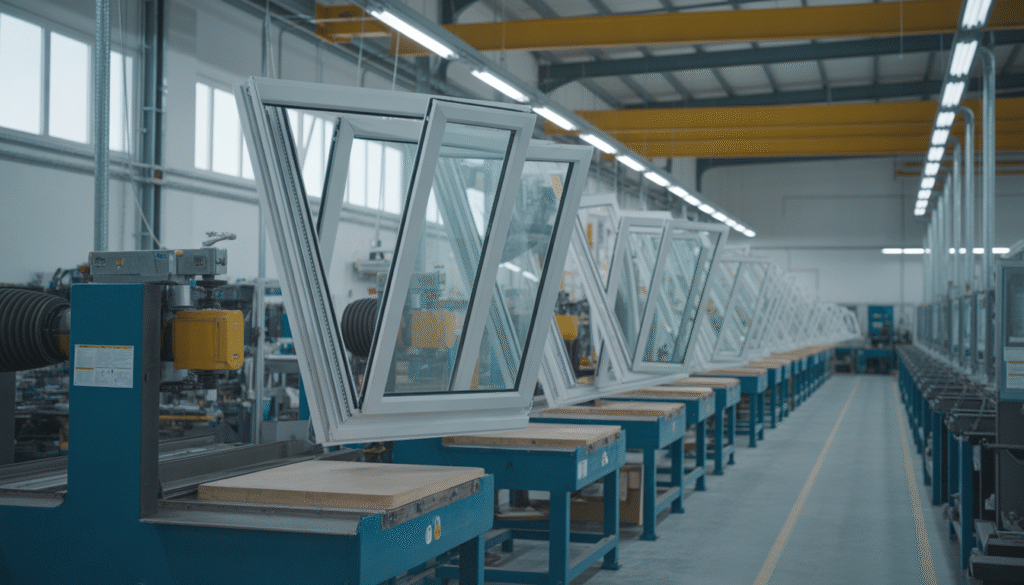 Atelier de fabrication moderne avec machines de précision pour fenêtres PVC et aluminium sur mesure