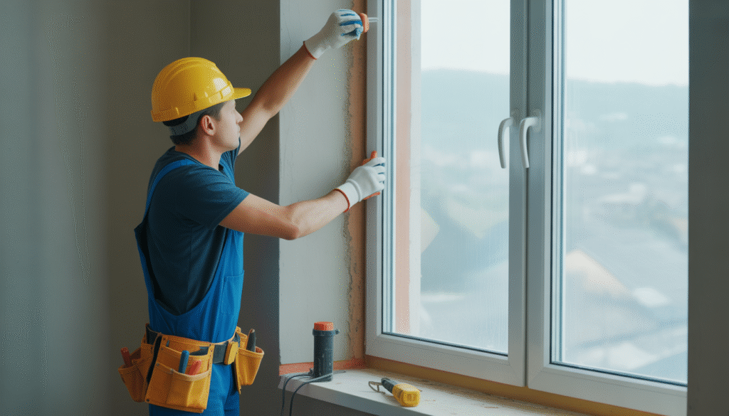 Ouvrier du bâtiment installant une nouvelle fenêtre dans un mur avec des outils à proximité sur un chantier de rénovation