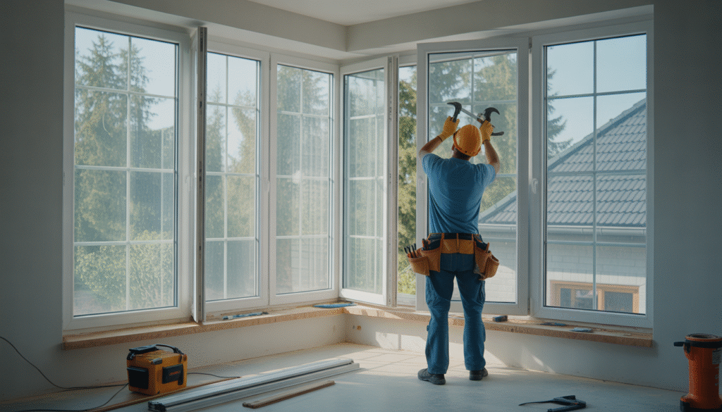 Installateur professionnel posant des fenêtres PVC, bois et alu