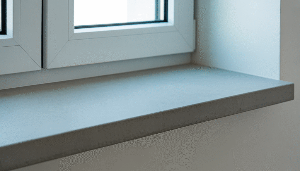 Inclined concrete window sill under modern window with clean facade
