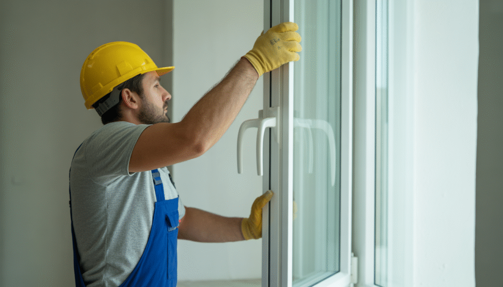 Worker installing new modern PVC window frame with insulating glass