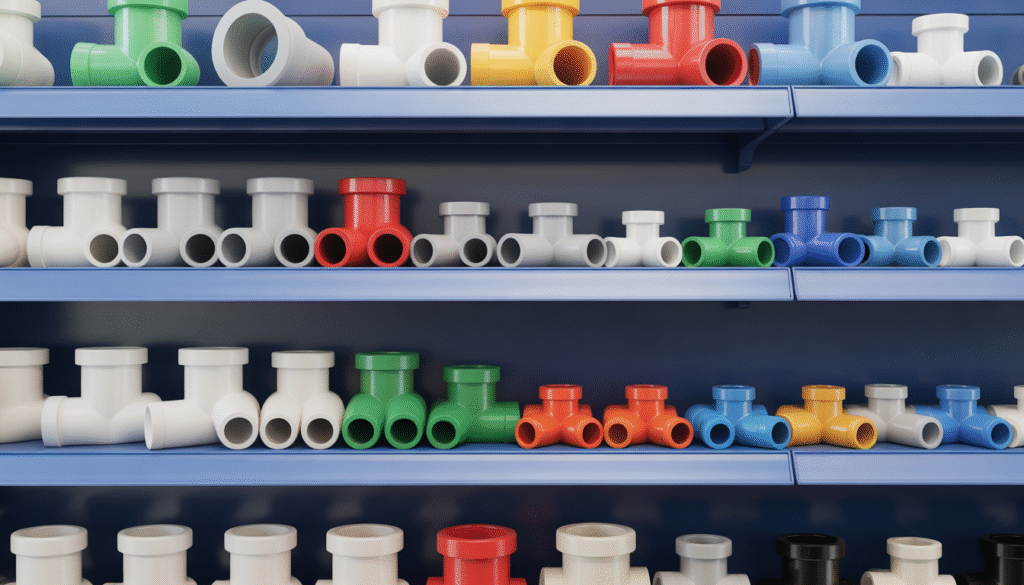 Raccords PVC organisés sur étagère de quincaillerie, éclairage coloré