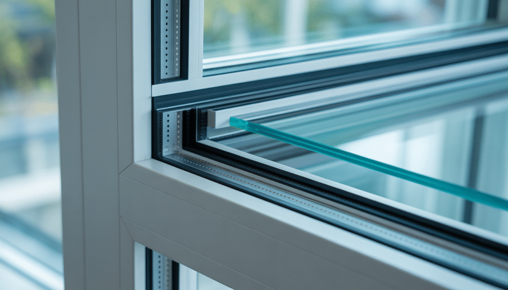 Close-up cross-section view of modern double-glazed window showing two glass panes separated by air gap with clean technical details