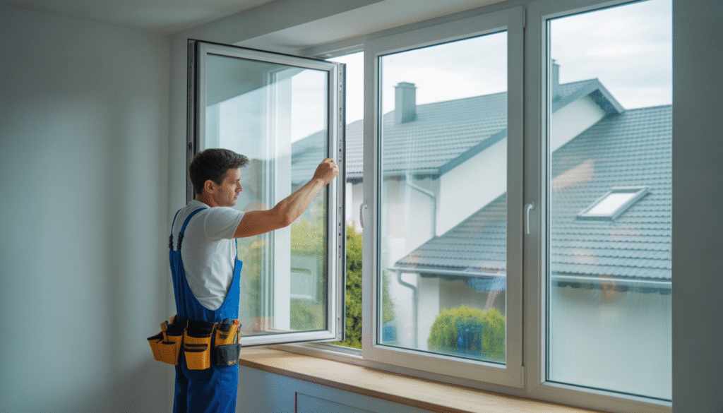 Ouvrier installant une fenêtre en aluminium à double vitrage dans une maison résidentielle