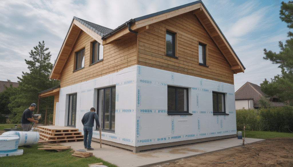 Ouvriers installant des panneaux de polystyrène avec bardage bois sur une façade de maison moderne pour l'isolation thermique extérieure