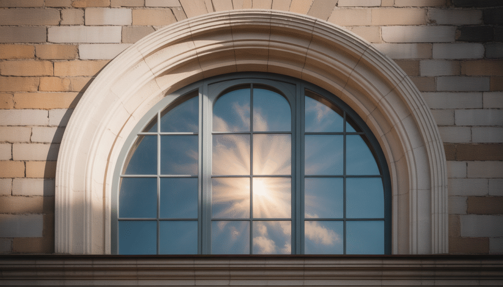 Sunlight shining through arched window in old stone wall