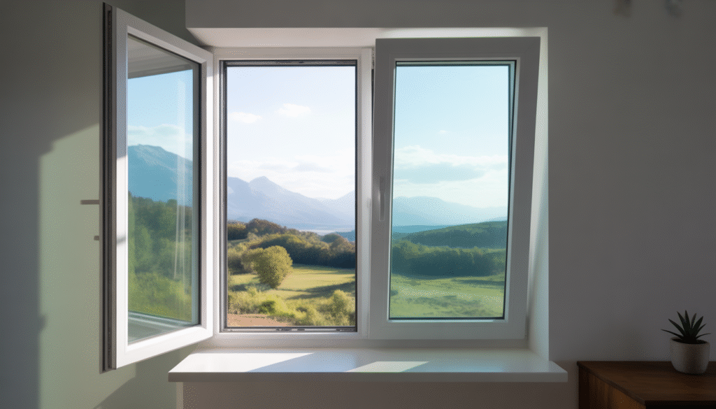 Photorealistic tilt and turn window open inward in modern room